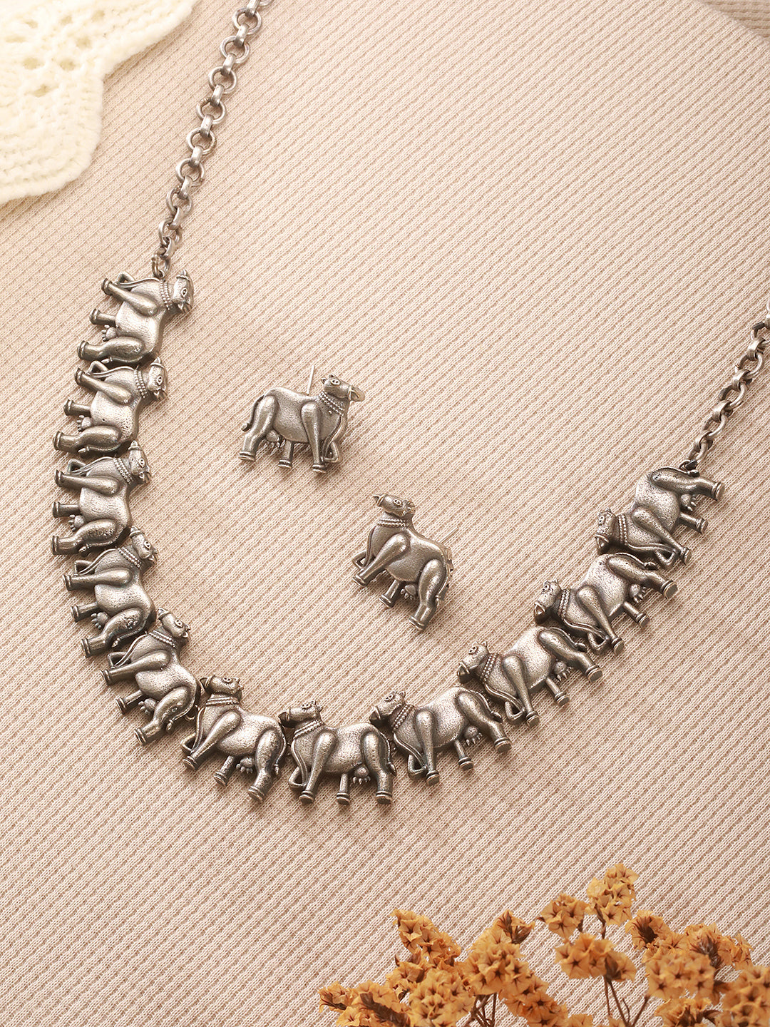 Oxidised Silver Toned Statement Tribal  Nandi Choker Jewellery Set